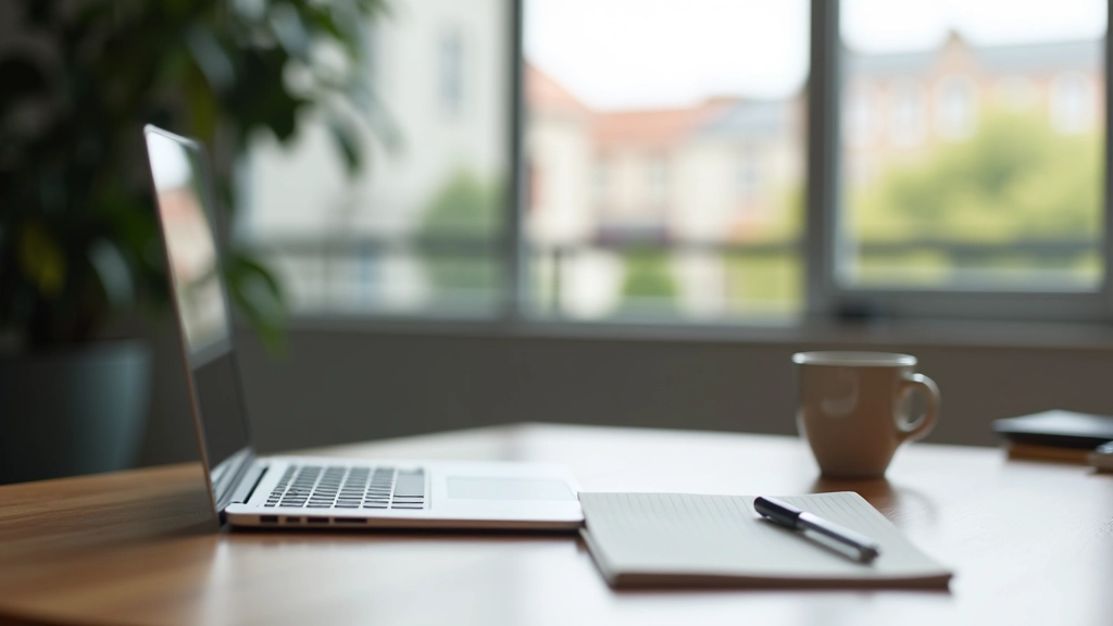 Modern workspace with laptop, notebook, and coffee cup on wooden desk in Dublin office setting